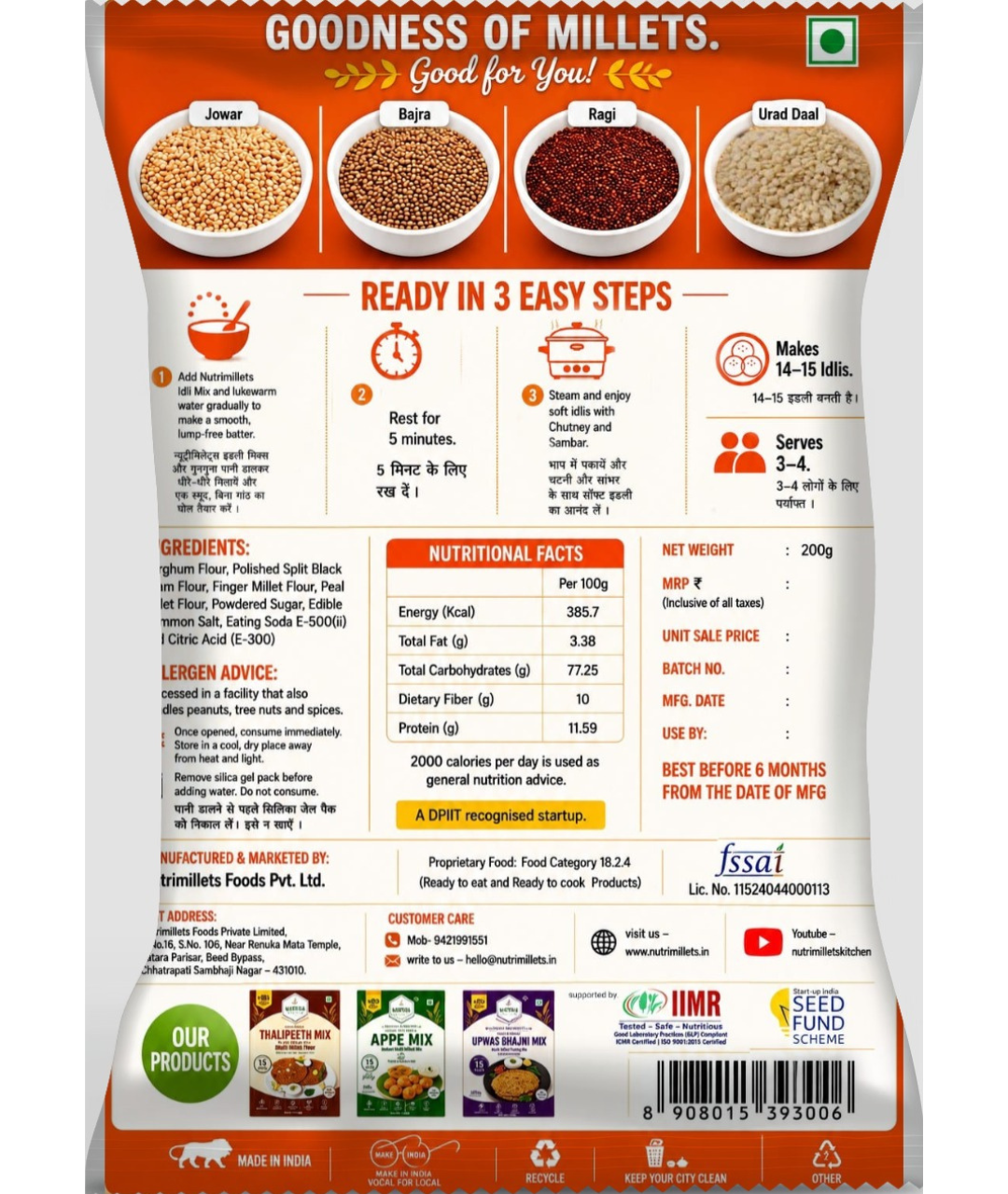 NutriMillets Instant Idli Mix – 100% Rice-Free, Millet-Based Soft Idlis